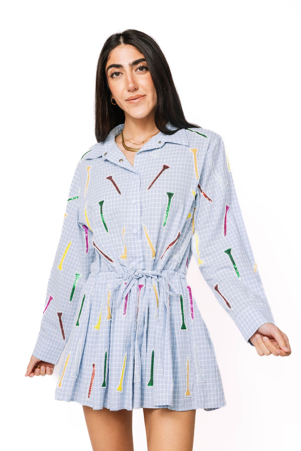 Sample Blue & White Plaid With Multi Golf Tees Pleated Button Down Dre Queen of Sparkles Sample Blue & White Plaid With Multi Golf Tees Pleated Button Down Dre Queen of Sparkles
