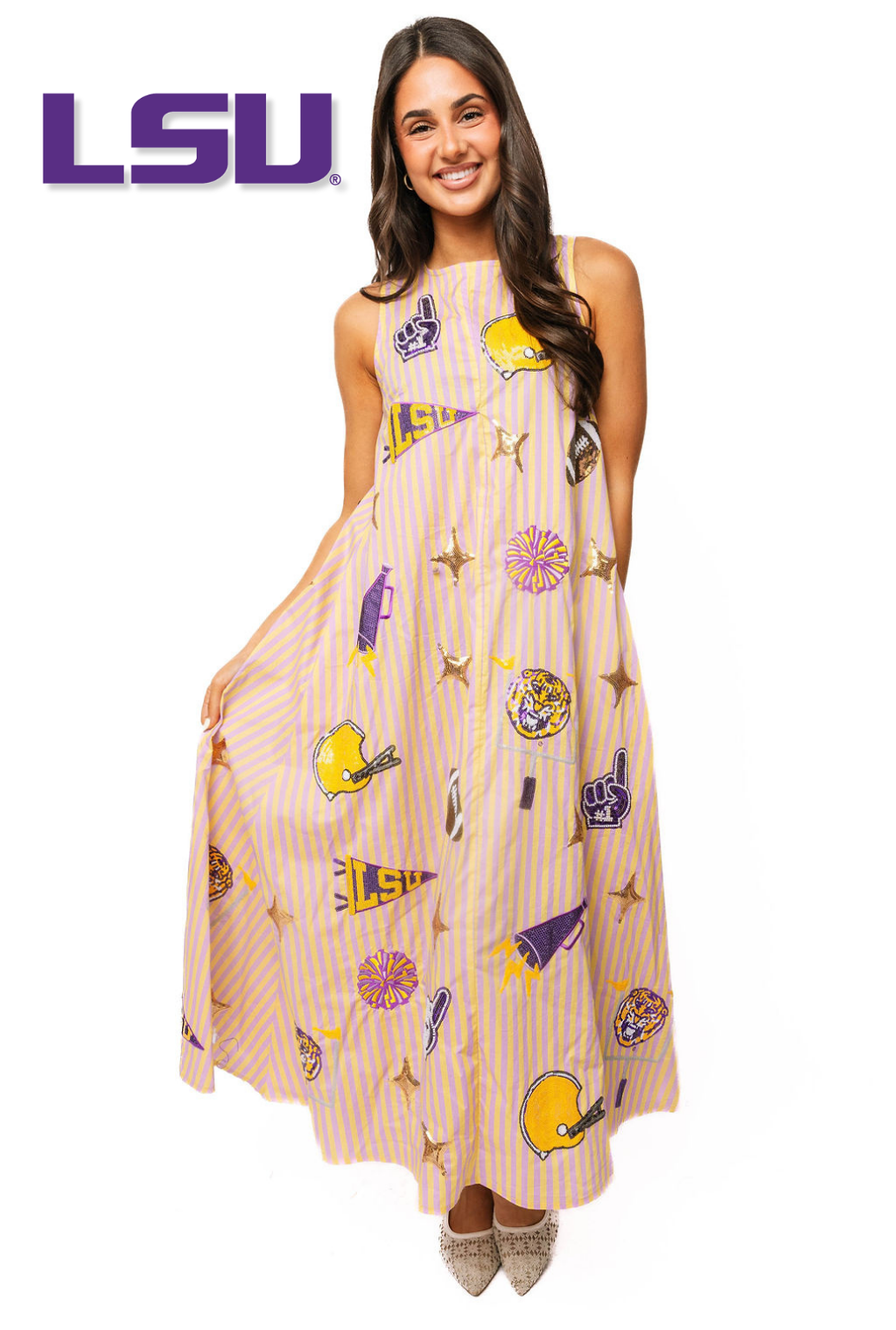 Licensed LSU Striped Sparkle Gameday Icon Cotton Midi Dress XXXL / GD26LSU61