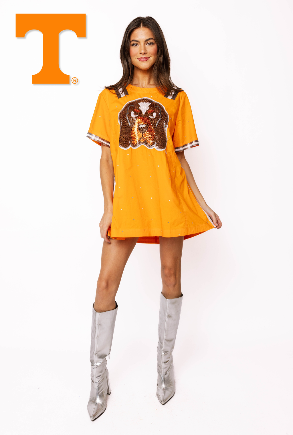 Licensed Tennessee Cotton Scattered Jewel Sequin Mascot Jersey Short Sleeve Dress XS / GD26TENN18