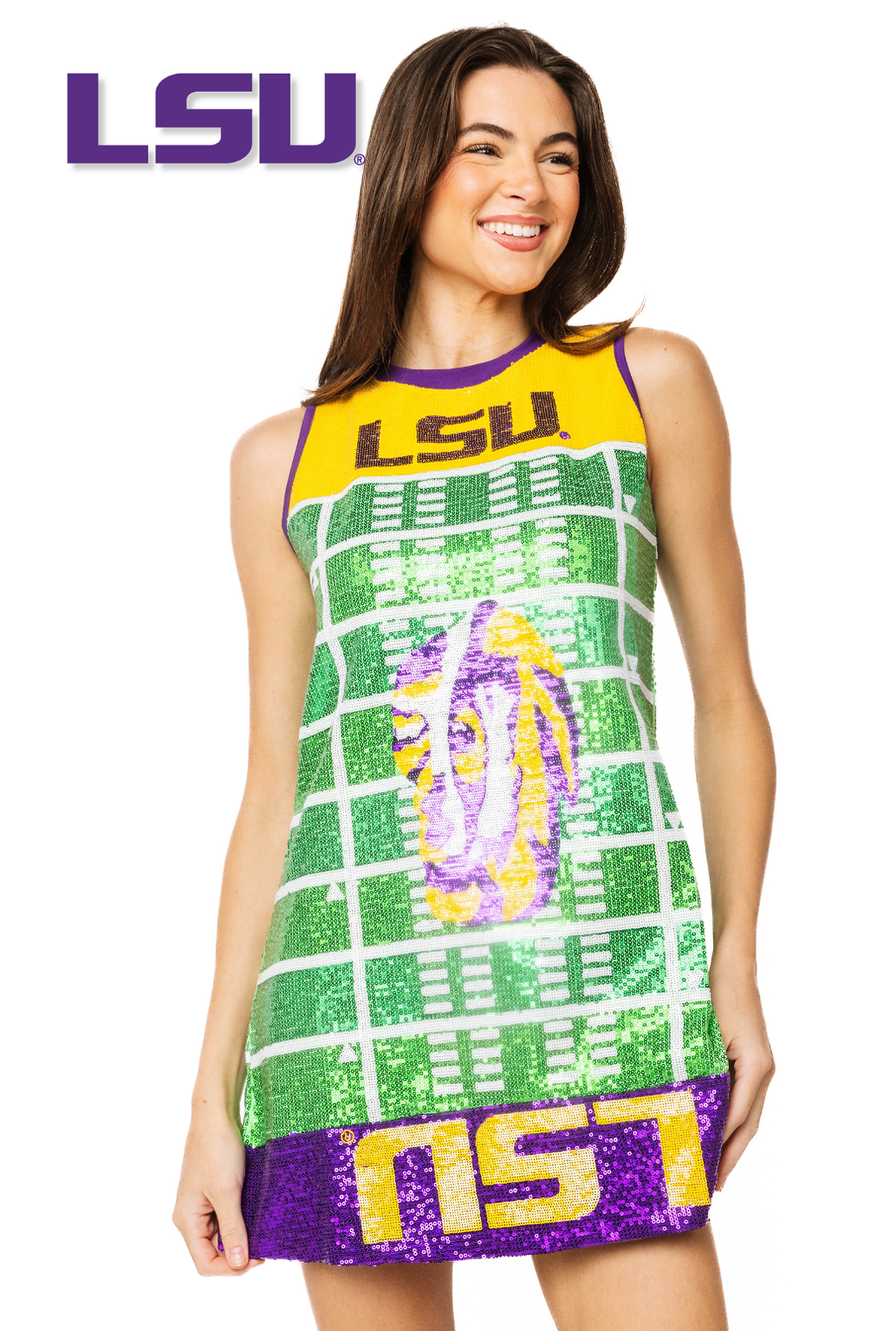 lsu dress for women Women's Smith & Quinn Purple Tigers Tailgate Collection Ivy Button Front with Collared Neckline Licensed LSU Full Sequin Football
