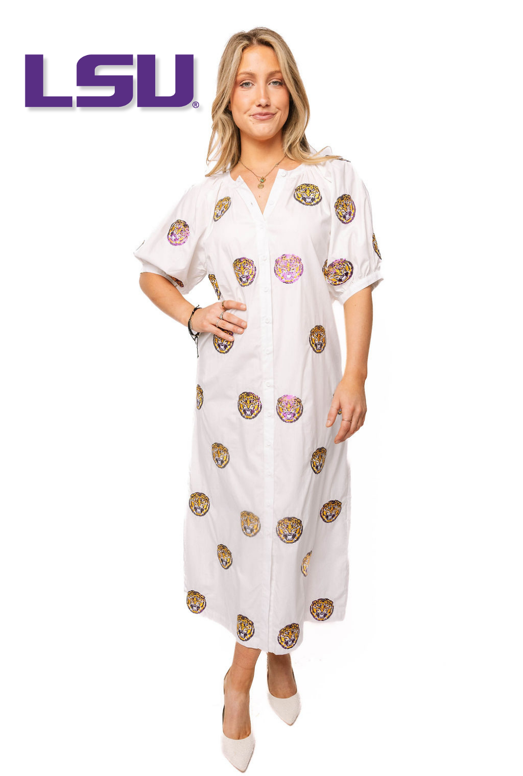 lsu dress for women Queen of Sparkles Vintage Football Stripes Sweater this dress keeps you comfortable from tailgates to Tiger Stadium and everywhere in between QOS Licensed LSU Football &