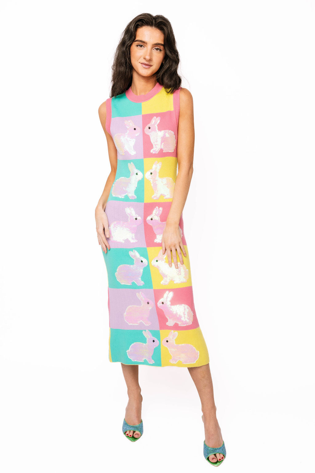 Rainbow Colorblock Checkered Easter Bunny Knit Midi Dress – Queen of Sparkles