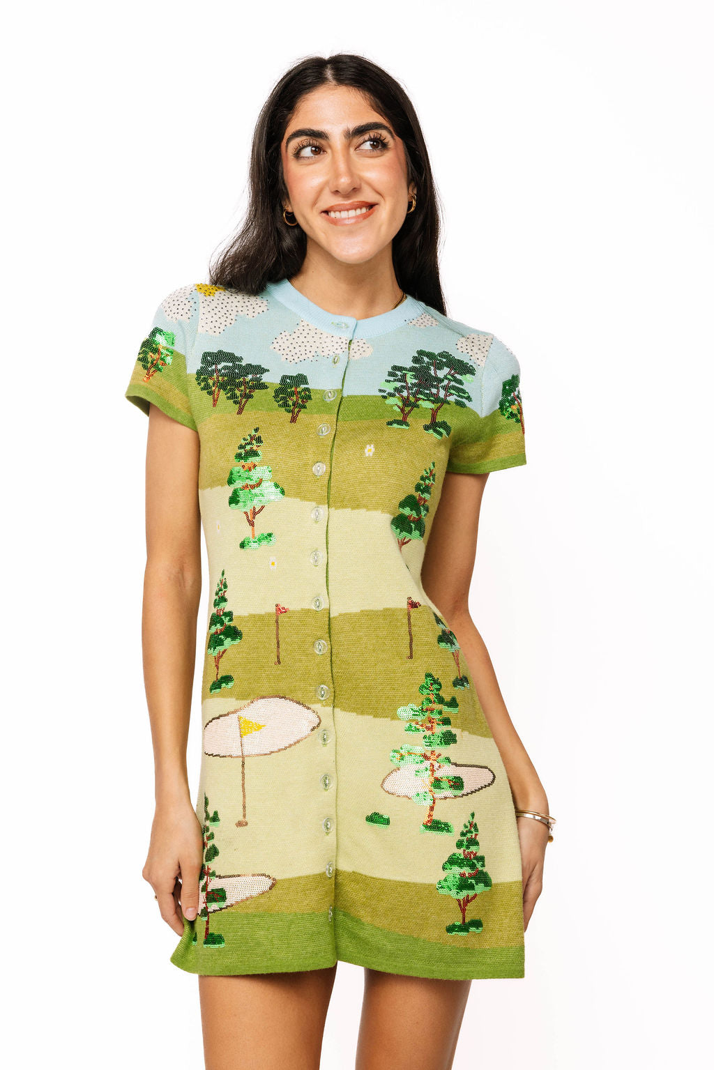 Multi Golf Course Scene Knit Button Up Short Sleeve Dress Queen of Sparkles Multi Golf Course Scene Knit Button Up Short Sleeve Dress Queen of Sparkles
