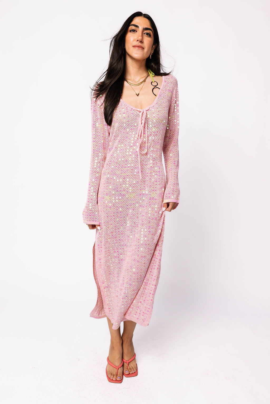 Pink Full Sequin Knit Tie Long Sleeve Midi Coverup Pink Full Sequin Knit Tie Long Sleeve Midi Coverup