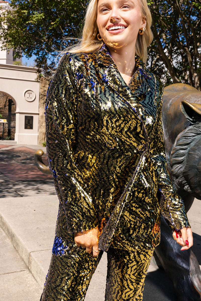 Gold & Black Sequin Tiger Oversized Blazer Queen of Sparkles