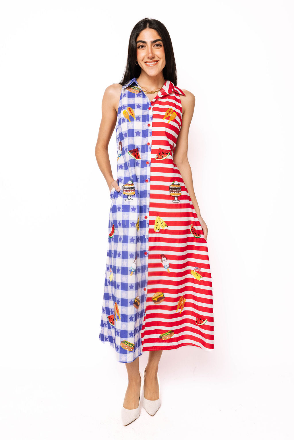 Blue & Red Colorblock USA Food Picnic Cotton Midi Tank Dress Queen of Sparkles Blue & Red Colorblock USA Food Picnic Cotton Midi Tank Dress Queen of Sparkles