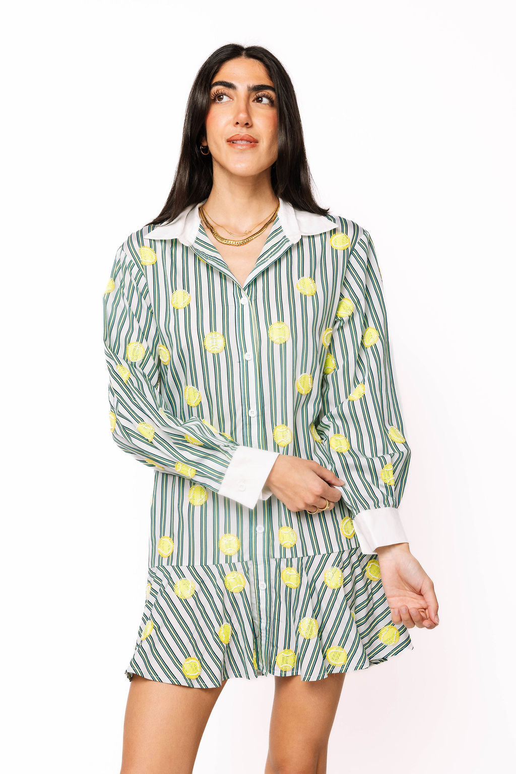 Green & White Striped Tennis Ball Cotton Button Up Cotton Dress S / SUM2606 Green & White Striped Tennis Ball Cotton Button Up Cotton Dress S / SUM2606