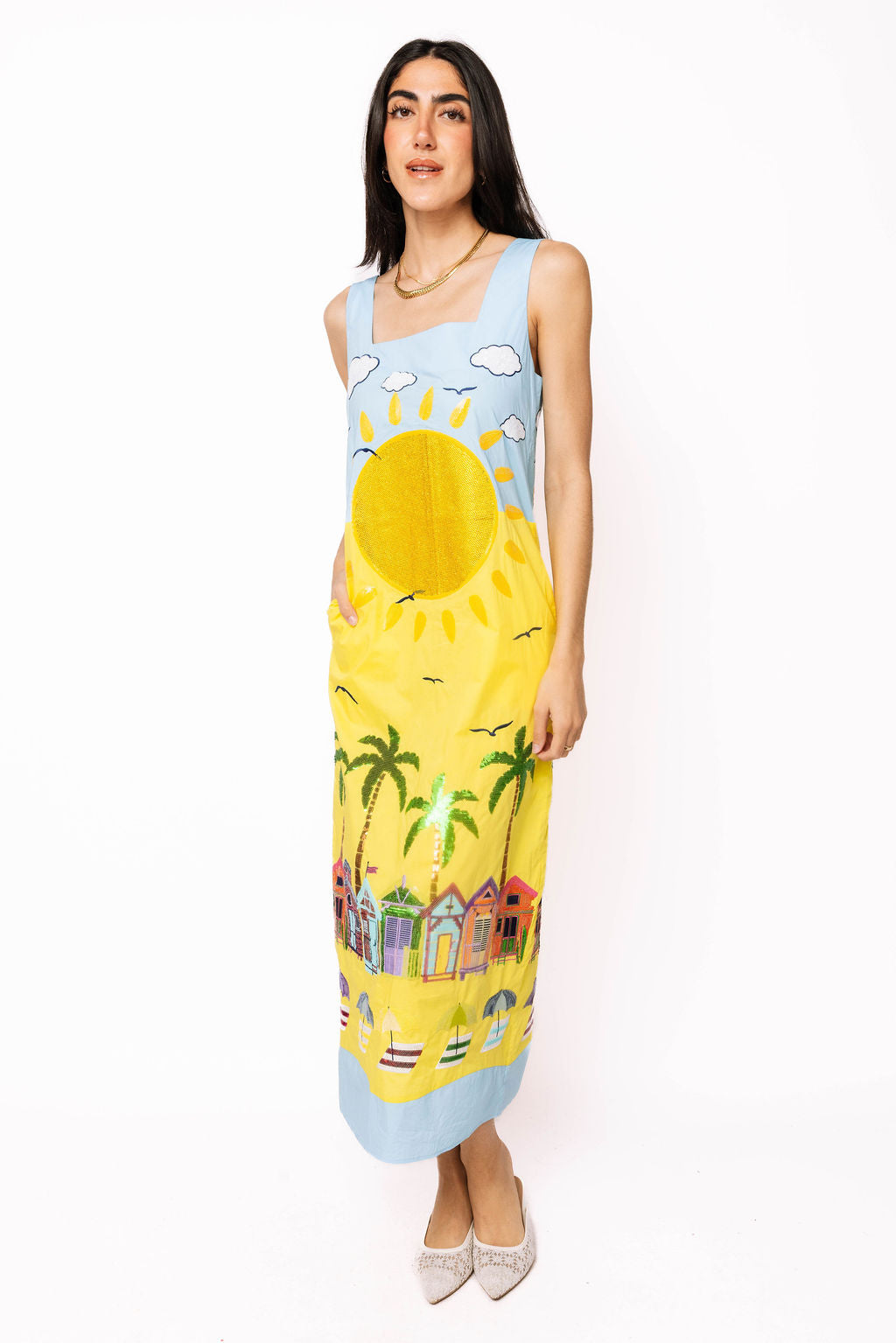 aqua beach dress Aqua Multi Beach Scene Cotton Midi Dress L / SUM2640