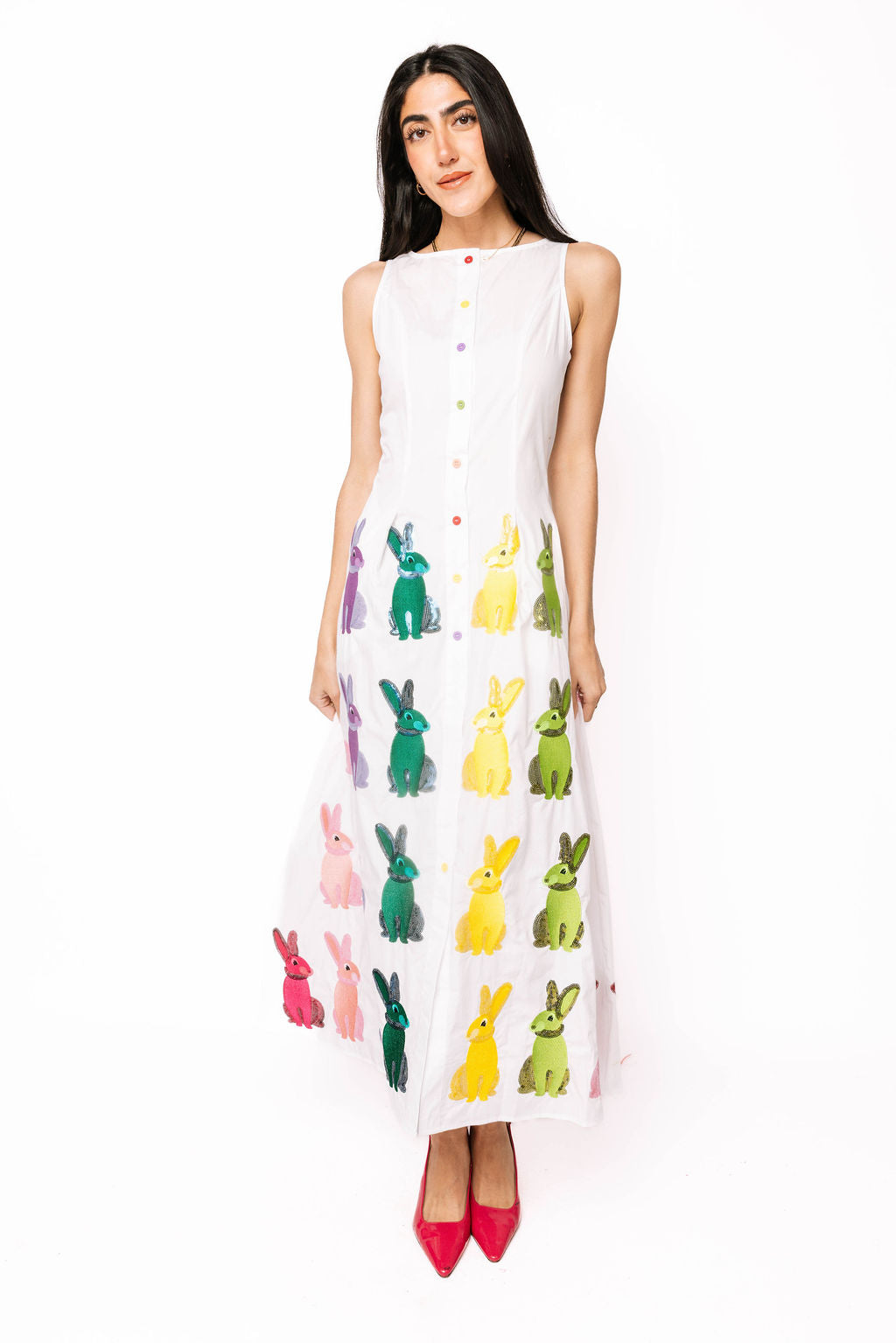 White Multi Easter Bunny Button Up Cotton Midi Dress Queen of Sparkles White Multi Easter Bunny Button Up Cotton Midi Dress Queen of Sparkles