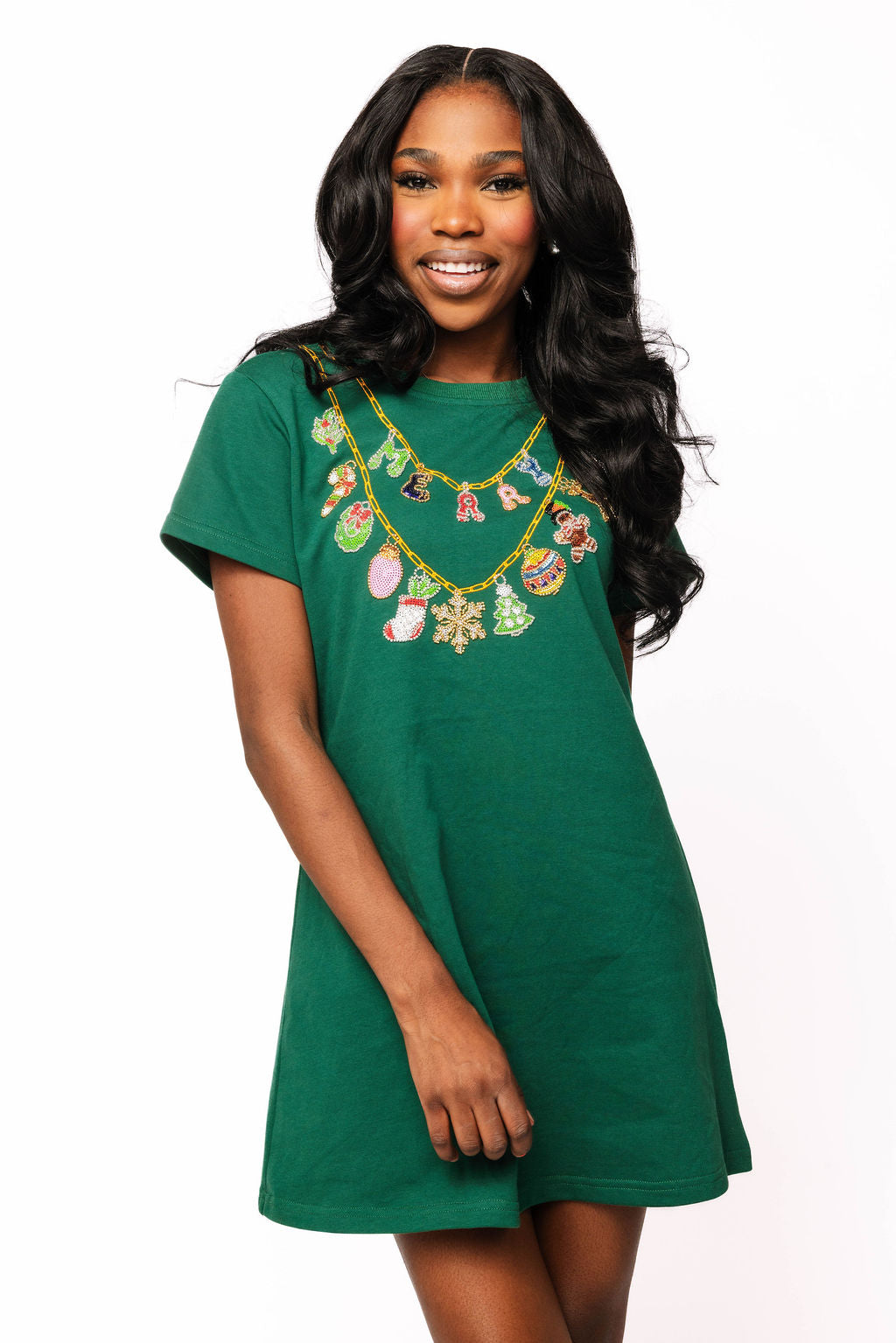 Dark Green Christmas Icons Necklace Tee Dress Queen of Sparkles Dark Green Christmas Icons Necklace Tee Dress Queen of Sparkles