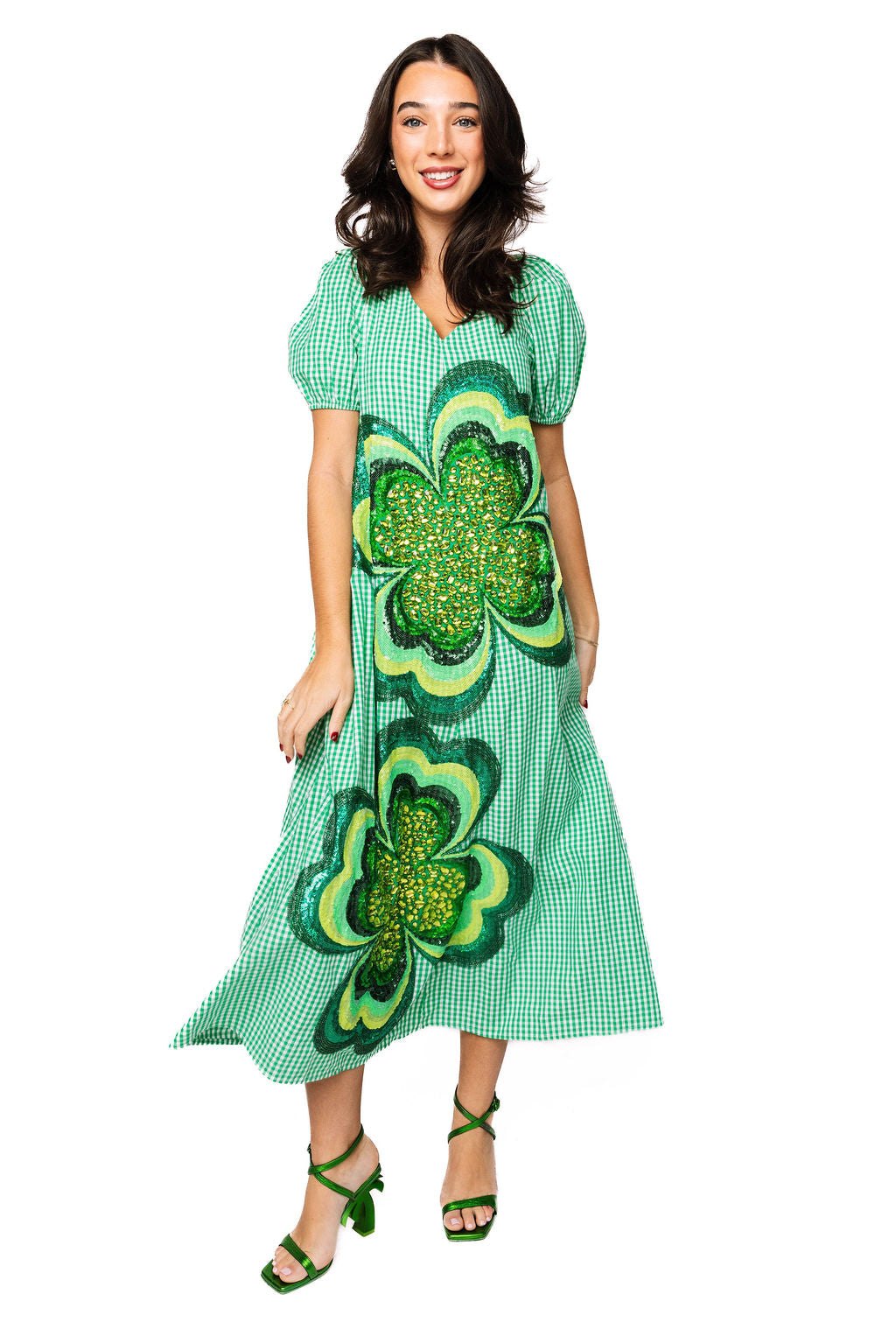 Green Gingham Jeweled Shamrock Cotton Tie Back Midi Dress Queen of Sparkles Green Gingham Jeweled Shamrock Cotton Tie Back Midi Dress Queen of Sparkles