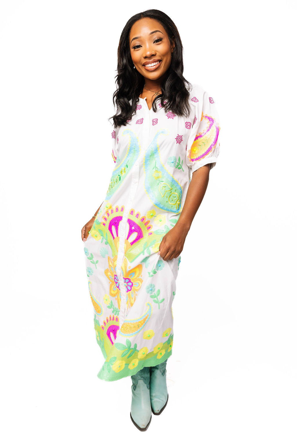 White & Neon Paisley Print Button Up Cotton Midi Dress – Queen of Sparkles