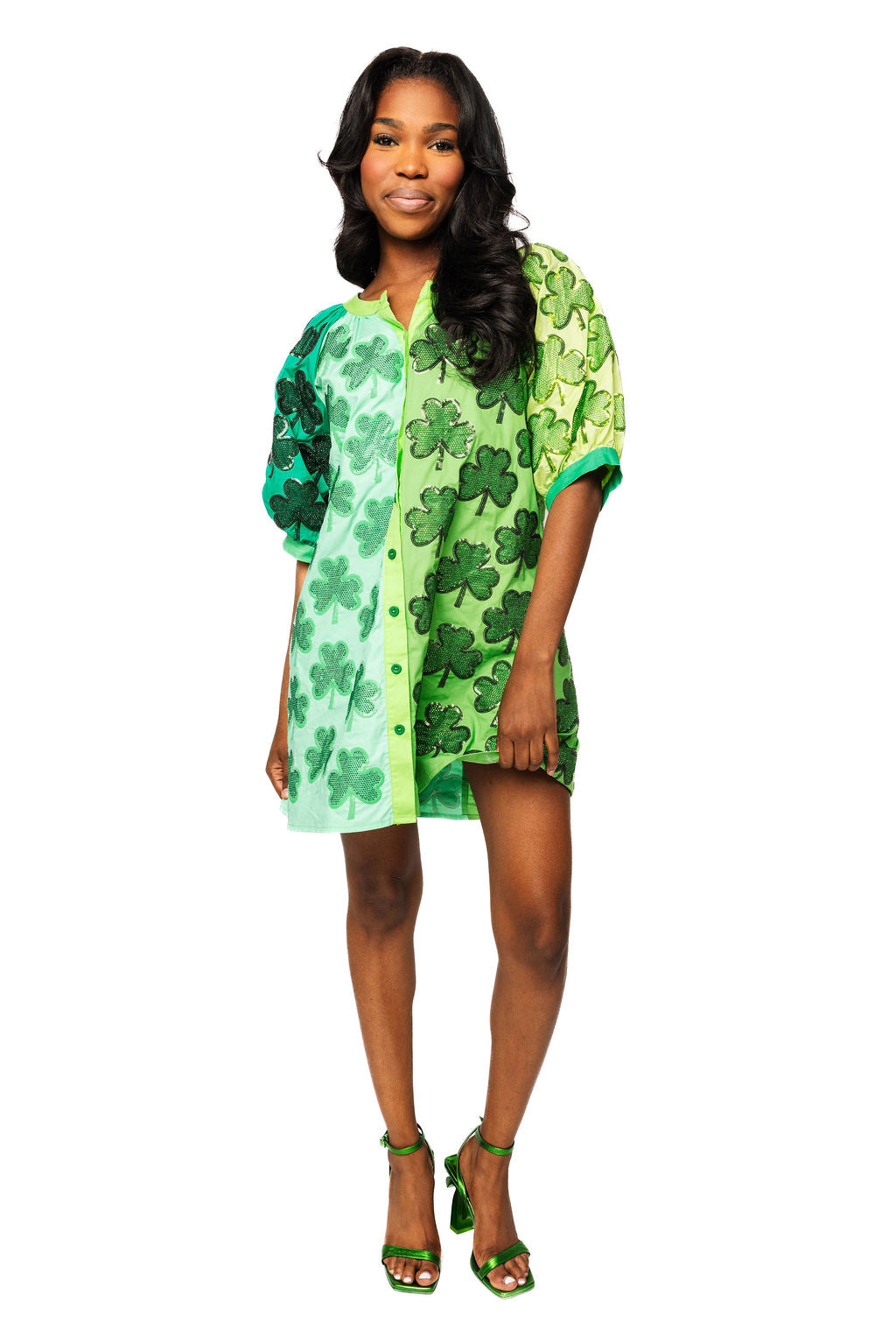 Green Cotton Colorblock Rhinestone Shamrock Button Up Dress Queen of Sparkles Green Cotton Colorblock Rhinestone Shamrock Button Up Dress Queen of Sparkles