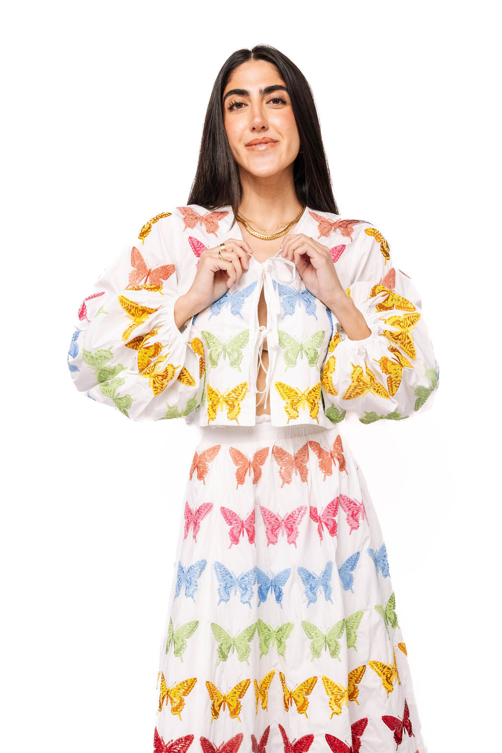White Multi Butterfly Cotton Tie Up Long Sleeve Top L / SP26356