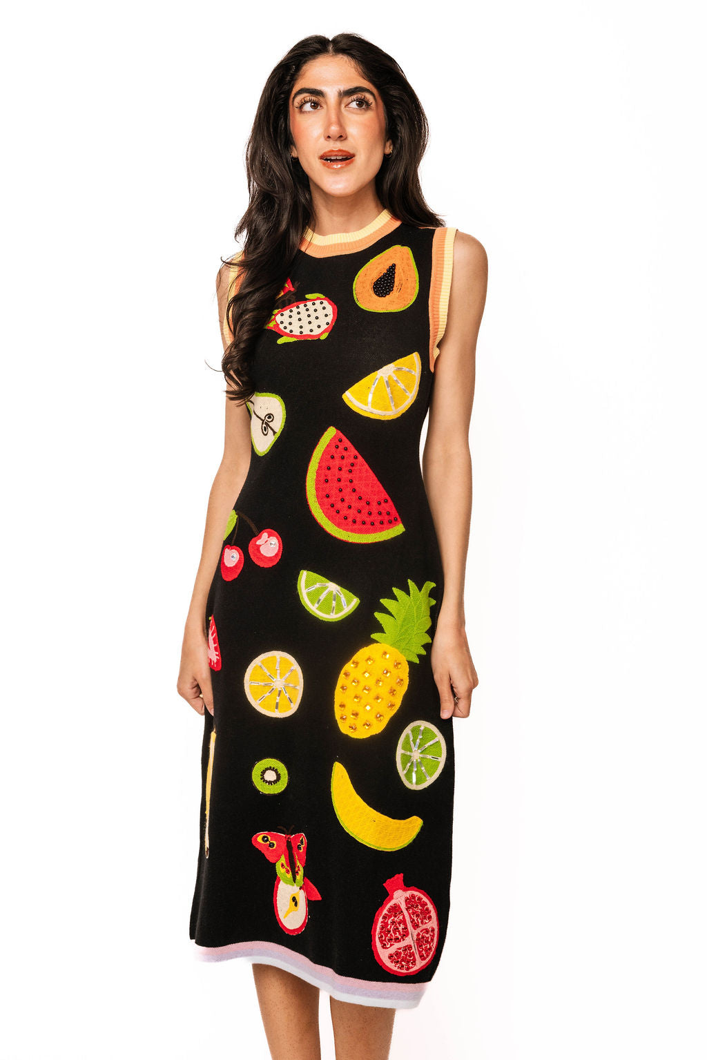 Sample Black Multi Knit Fruit Midi Tank Dress Queen of Sparkles Sample Black Multi Knit Fruit Midi Tank Dress Queen of Sparkles