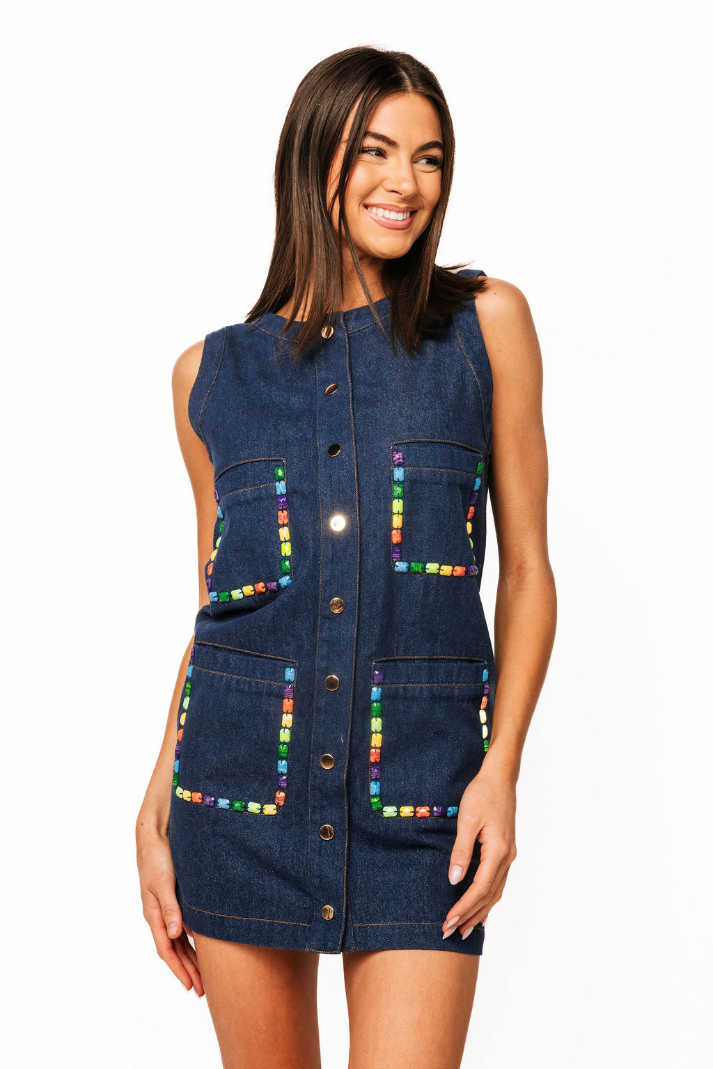 Sample Denim Rainbow Jewel Trim Pocket Button Down Tank Dress