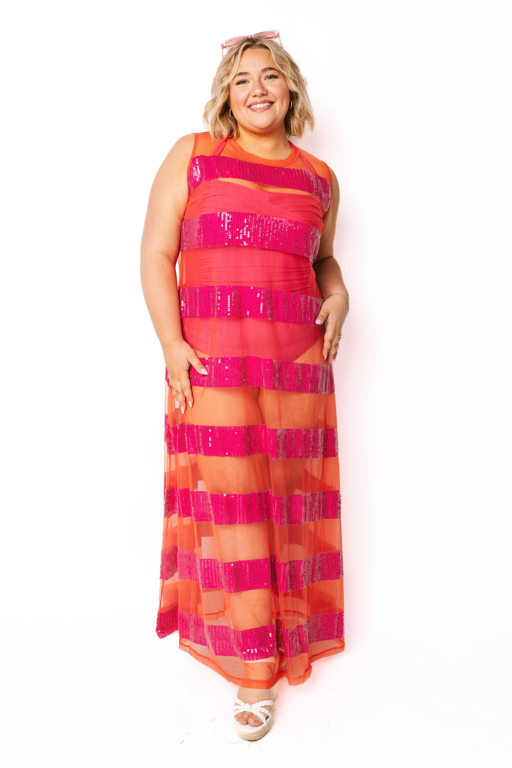 Sheer Orange & Pink Sequin Stripe Coverup Midi Dress – Queen of Sparkles Sheer Orange & Pink Sequin Stripe Coverup Midi Dress – Queen of Sparkles
