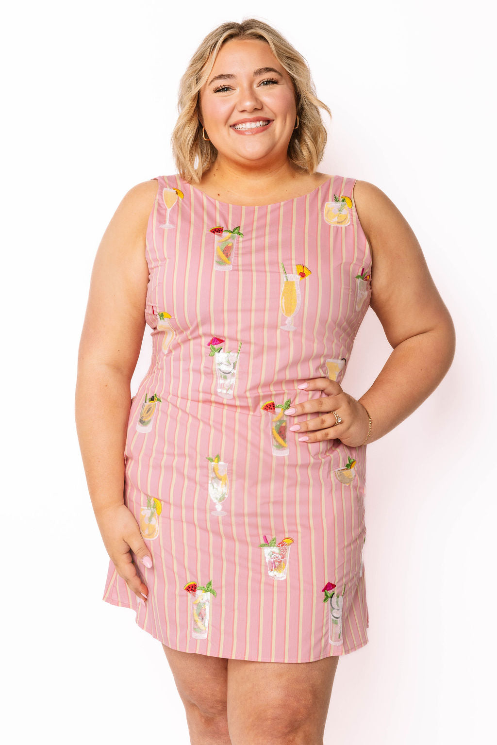 Pink Striped Cocktail Cotton Tank Dress M / SUM2725 Pink Striped Cocktail Cotton Tank Dress M / SUM2725