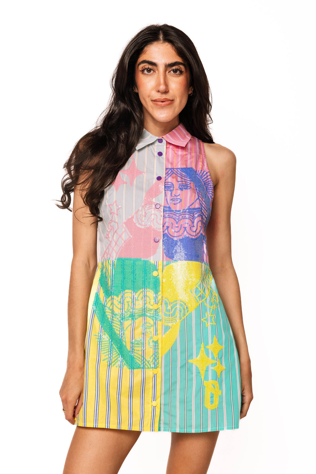 Colorblock Stripe QOS Card Logo Tie Cotton Tank Dress L / SUM2785