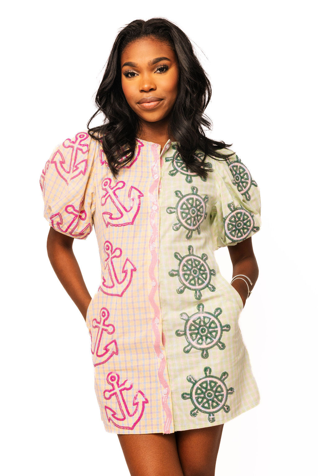 Colorblock Plaid Anchor Button Up Poof Sleeve Dress XS / SUM2702