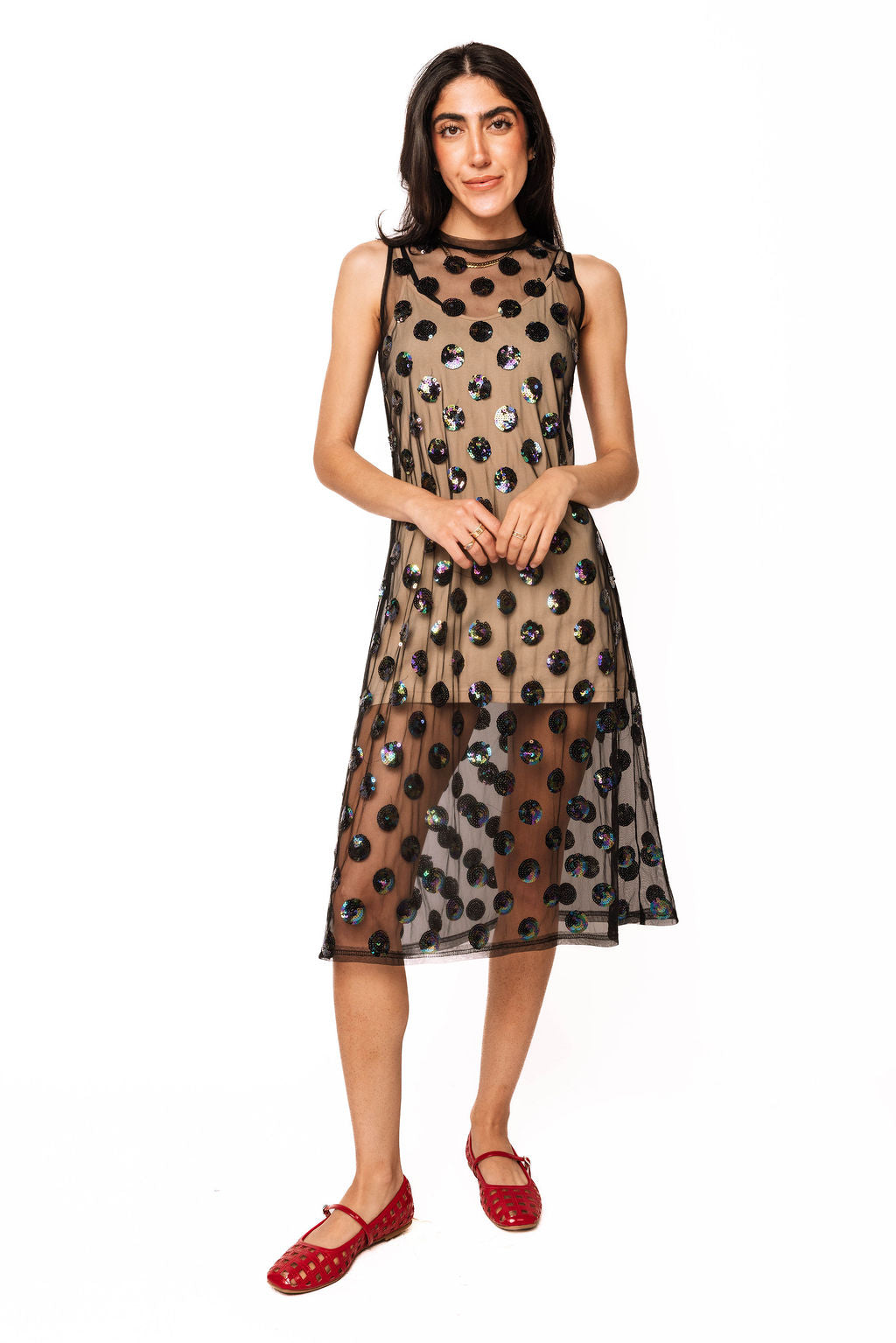 black dress with sheer polka dots Chiffon sheer polka dot print backless long dress - Black - L