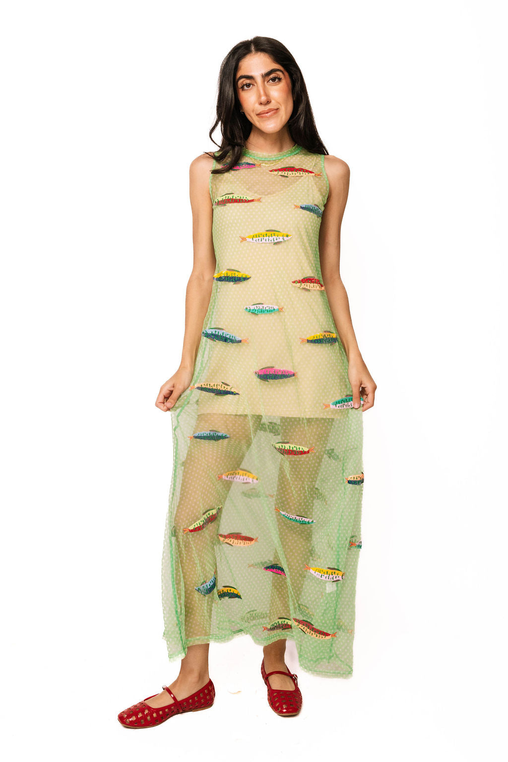 green dress yellow fish Vtg Eloise Curtis David Styne Green Blue Fish appliques Maxi Dress ADORABLE! EUC