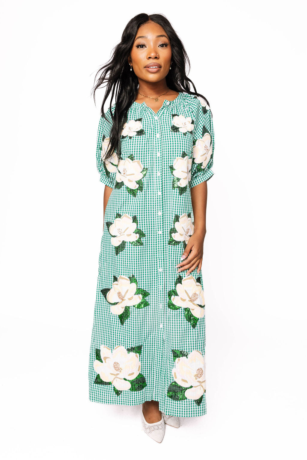 Green & White Gingham Magnolia Button Up Cotton Midi Dress M / PRSP2541 Green & White Gingham Magnolia Button Up Cotton Midi Dress M / PRSP2541
