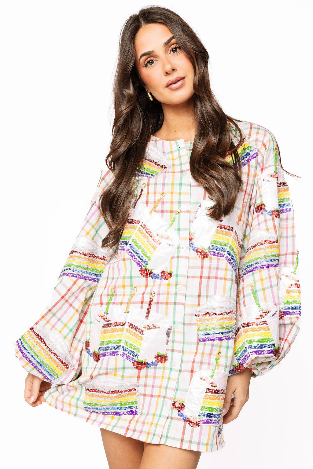 Rainbow Plaid Birthday Cake Button Up Cotton Dress Queen of Sparkles Rainbow Plaid Birthday Cake Button Up Cotton Dress Queen of Sparkles