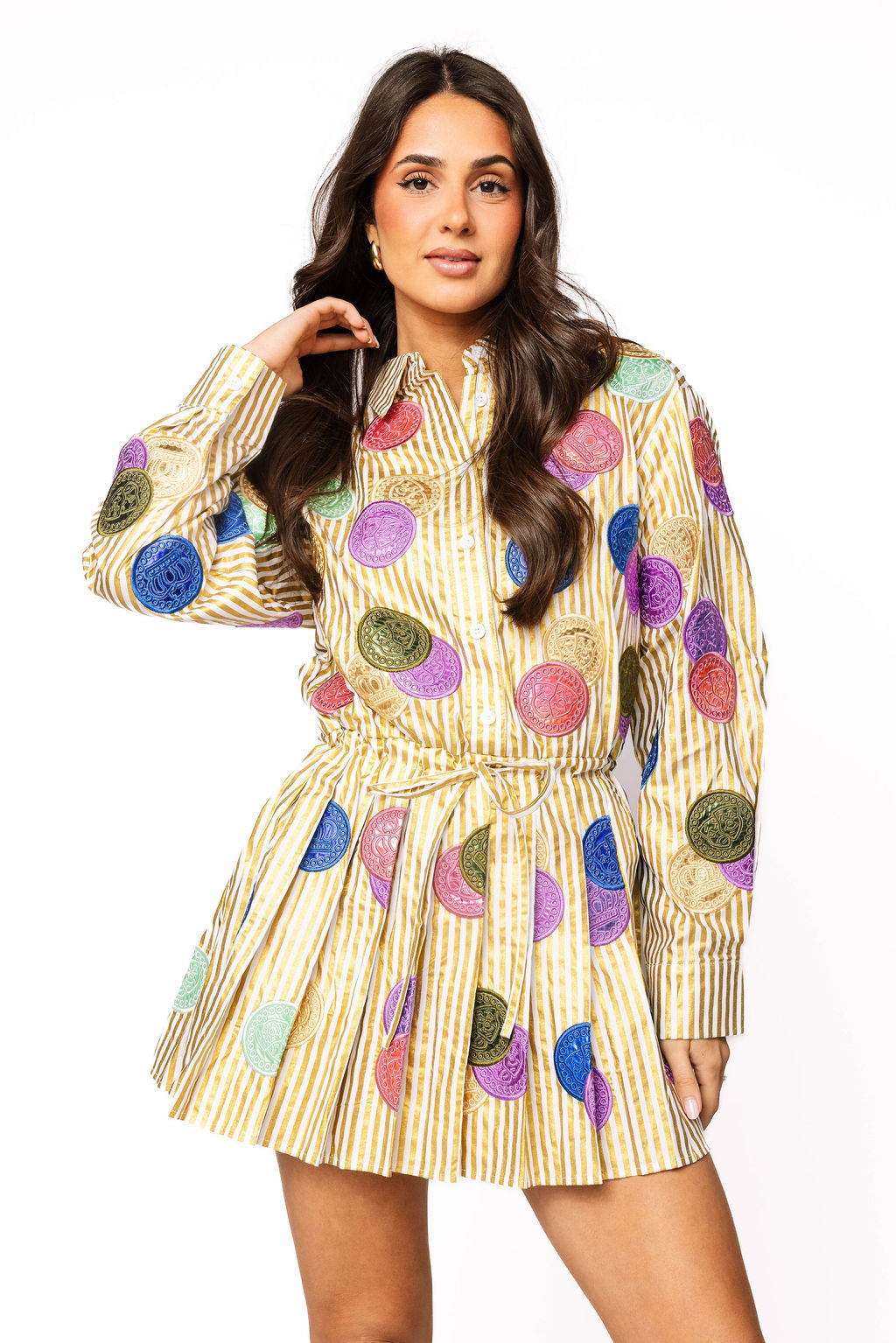 Gold & white Stripe Multi Doubloon Tie Long Sleeve Cotton Dress Queen of Sparkles Gold & white Stripe Multi Doubloon Tie Long Sleeve Cotton Dress Queen of Sparkles