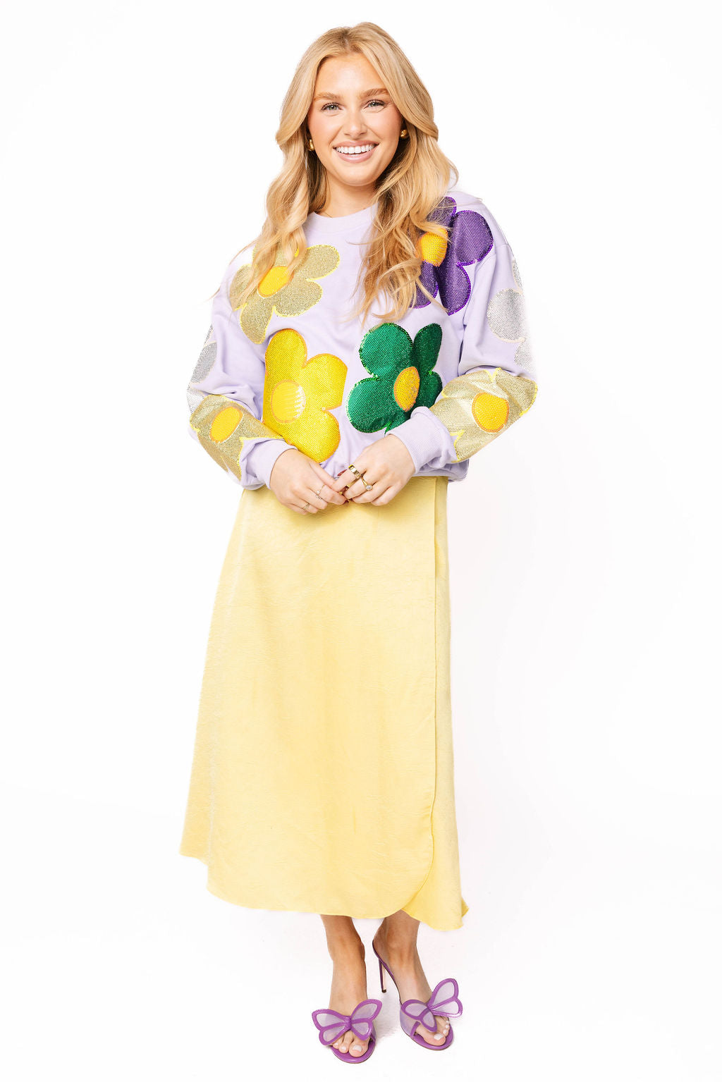 long sleeve mardi gras dress Lavender Mardi Gras Colored Oversized Rhinestone Flowers Sweatshirt – Queen  of Sparkles