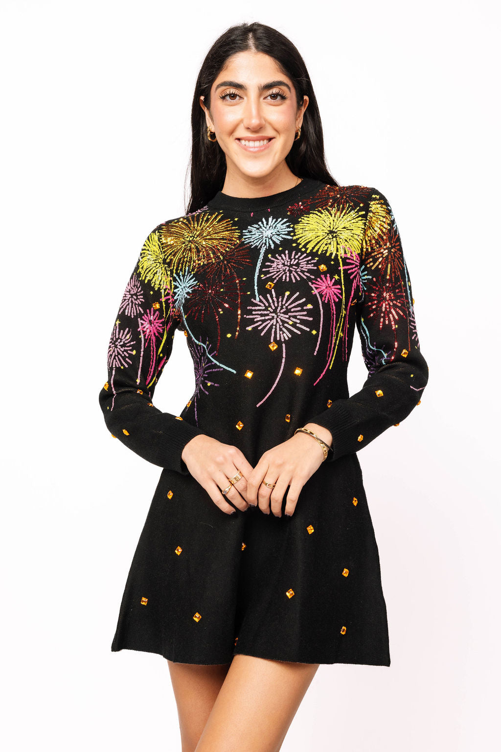 Black Multi Rainbow Firework Jeweled Sweater Dress Queen of Sparkles Black Multi Rainbow Firework Jeweled Sweater Dress Queen of Sparkles