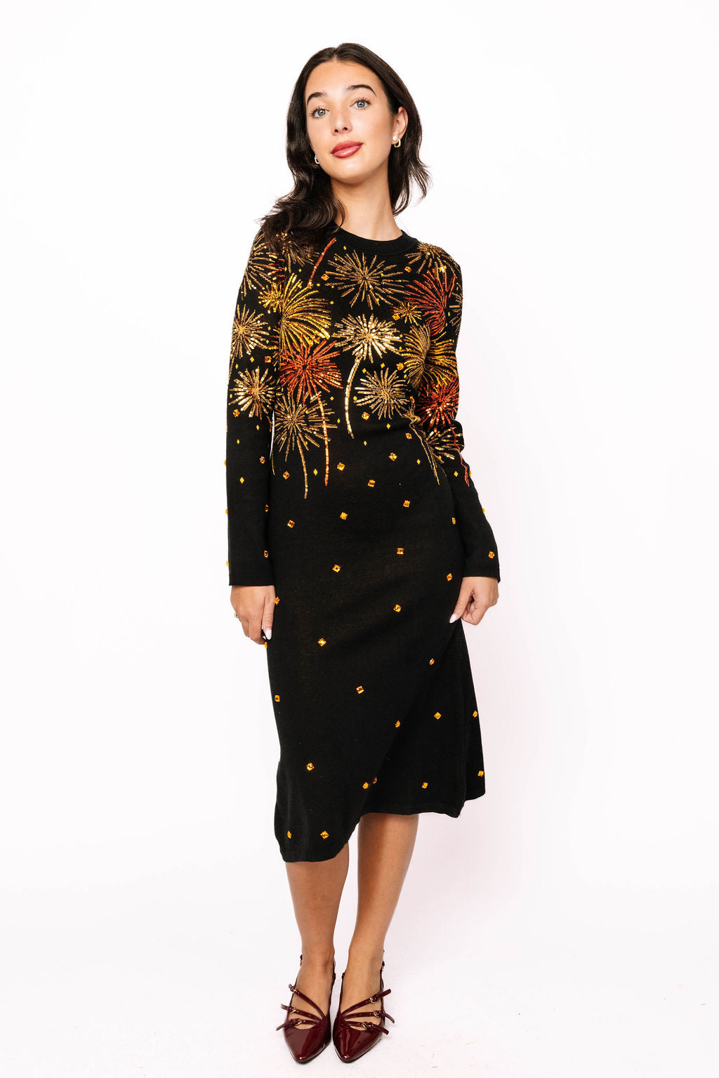 Black, Gold & Rose Gold Firework Jeweled Midi Sweater Dress Queen of Sparkles Black, Gold & Rose Gold Firework Jeweled Midi Sweater Dress Queen of Sparkles