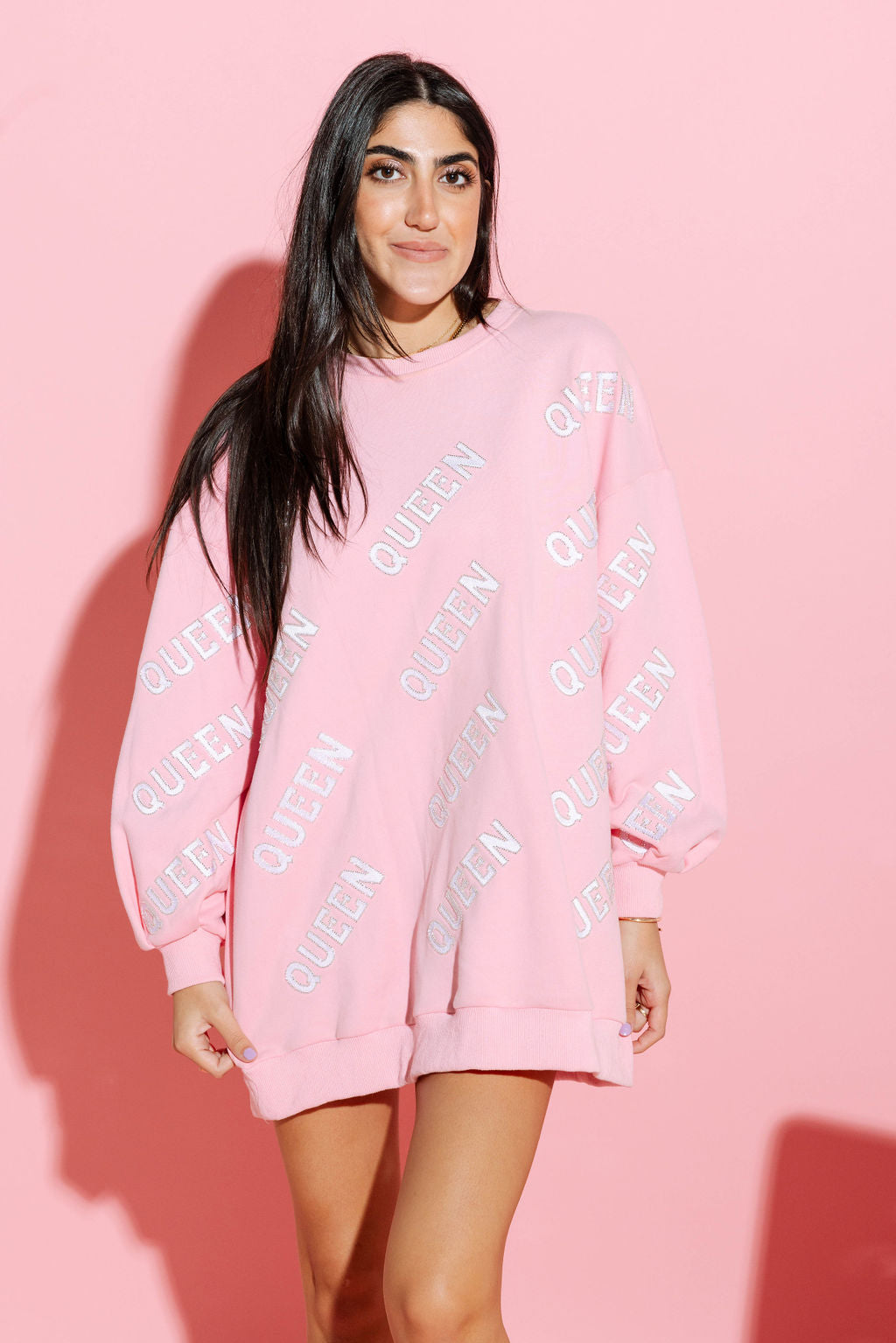 Light Pink And White Queen All Over Sweatshirt Dress