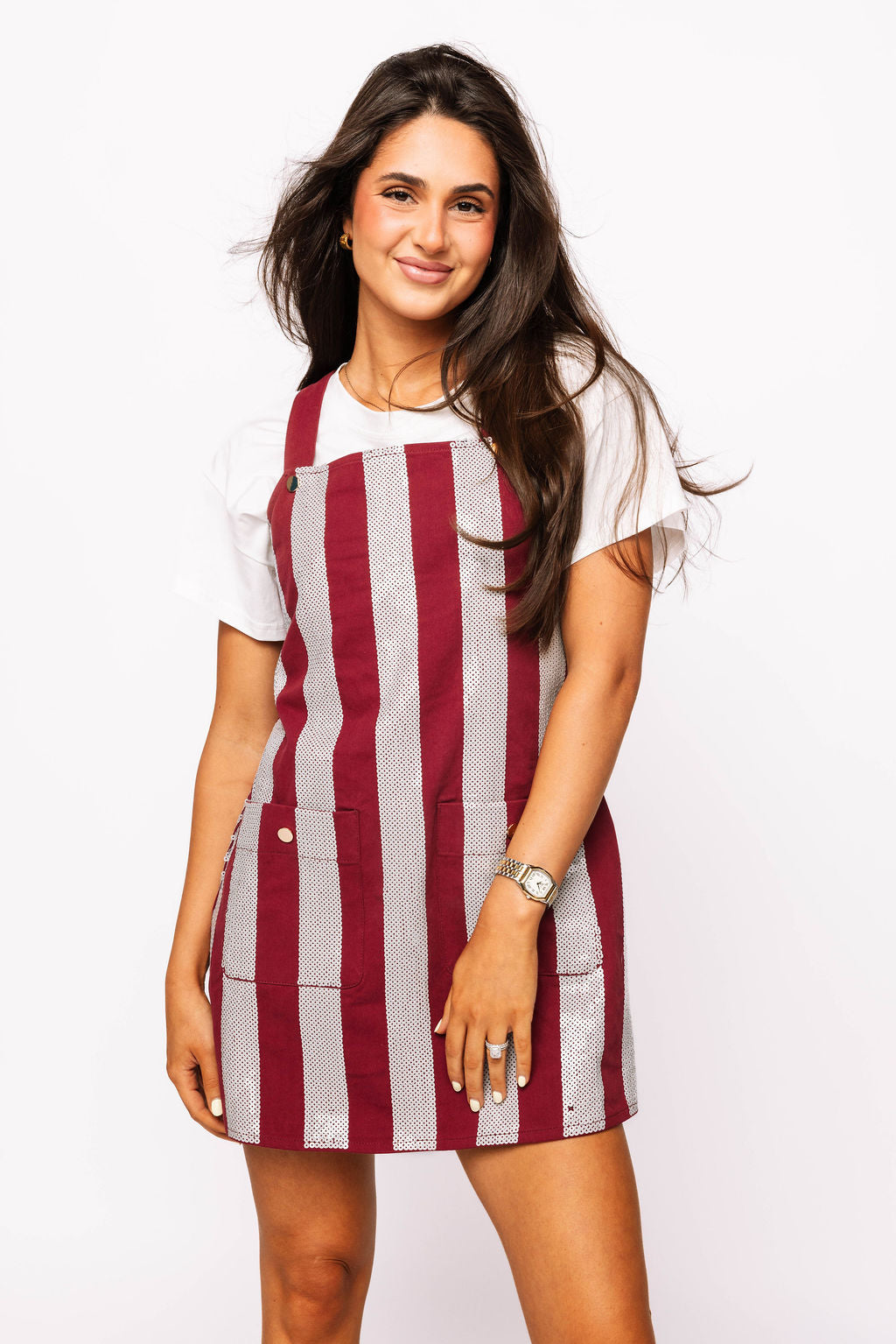 Maroon & Grey Sequin Striped Overall Dress Maroon & Grey Sequin Striped Overall Dress