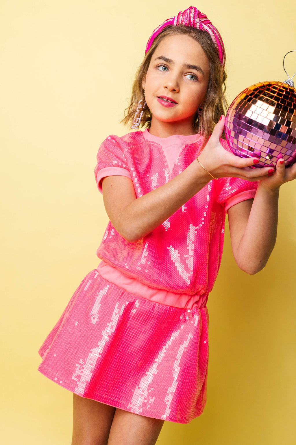 Kids Neon Pink Full Sequin Dress