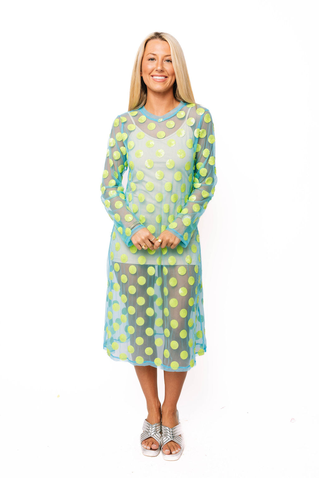 Blue & Neon Green Polka Dot Sheer Coverup Midi Dress Blue & Neon Green Polka Dot Sheer Coverup Midi Dress