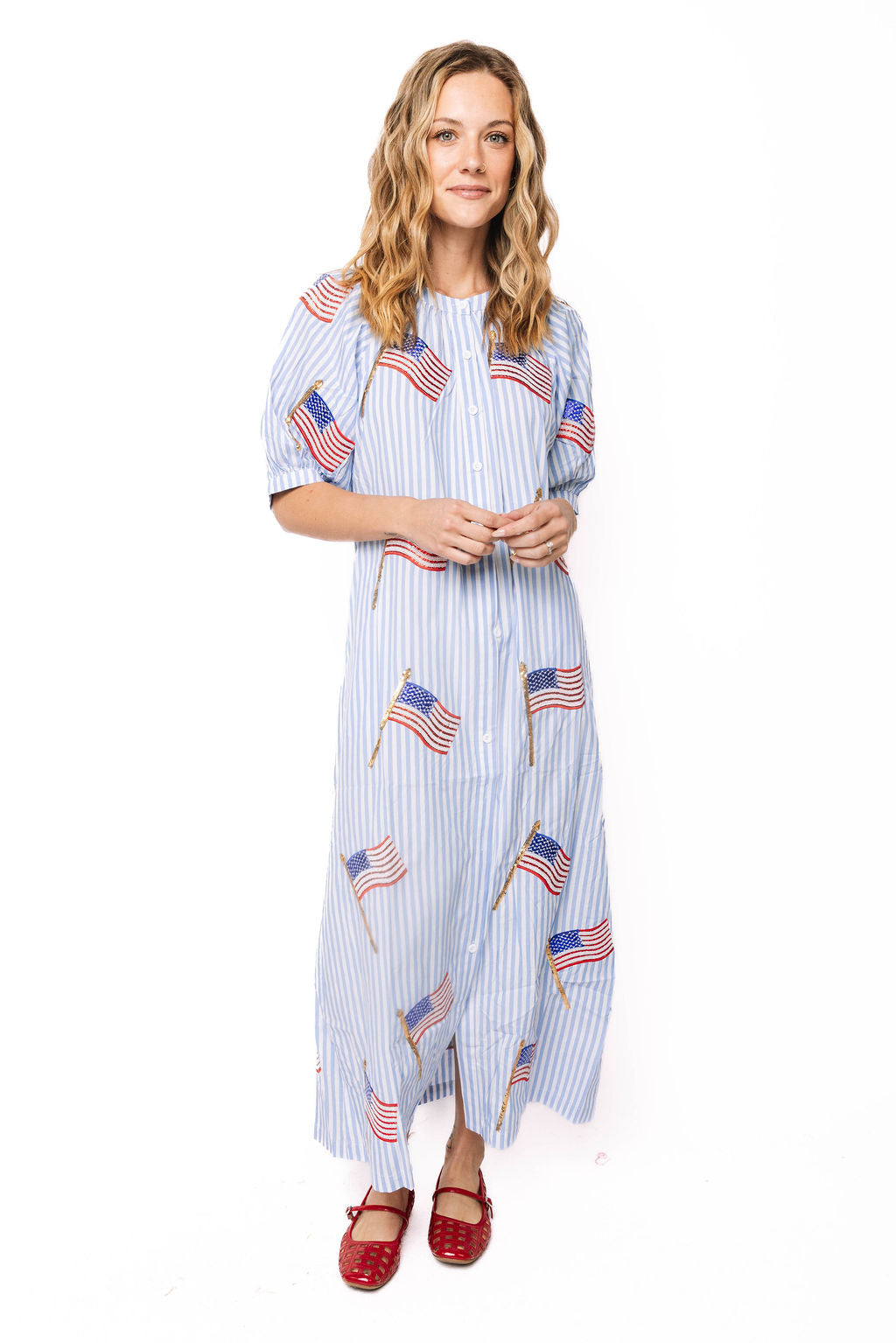 Light Blue & White Striped American Flag Cotton Button Up Midi Dress Queen of Sparkles Light Blue & White Striped American Flag Cotton Button Up Midi Dress Queen of Sparkles