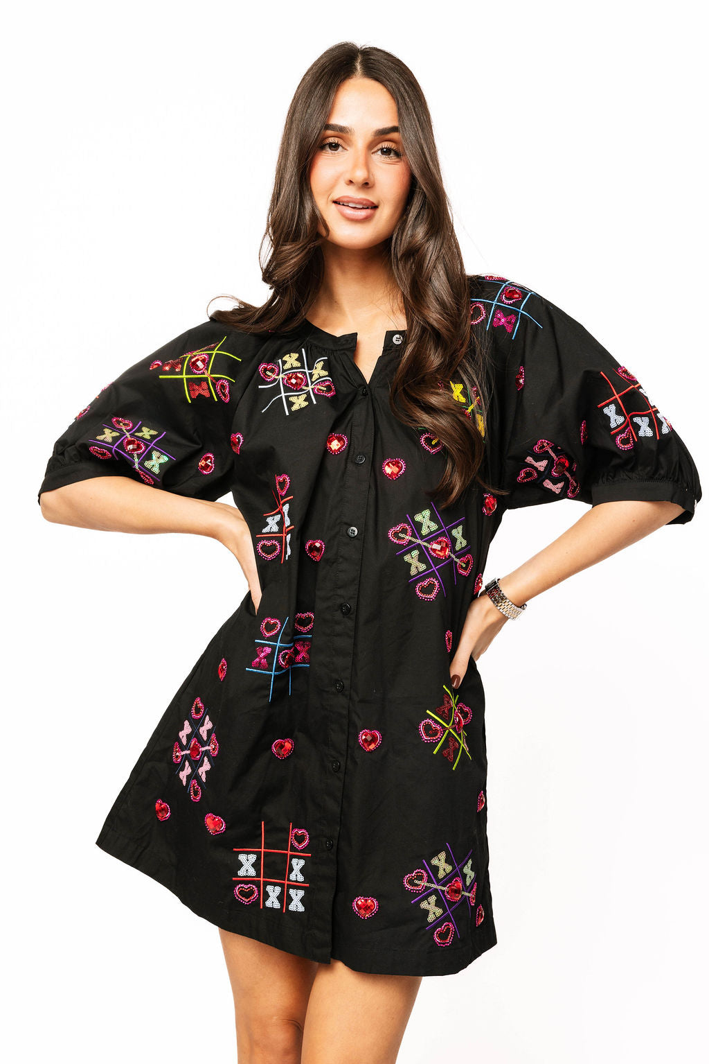 Black XOXO Tic Tac Toe Cotton Button Up Dress XS / PRSP2549