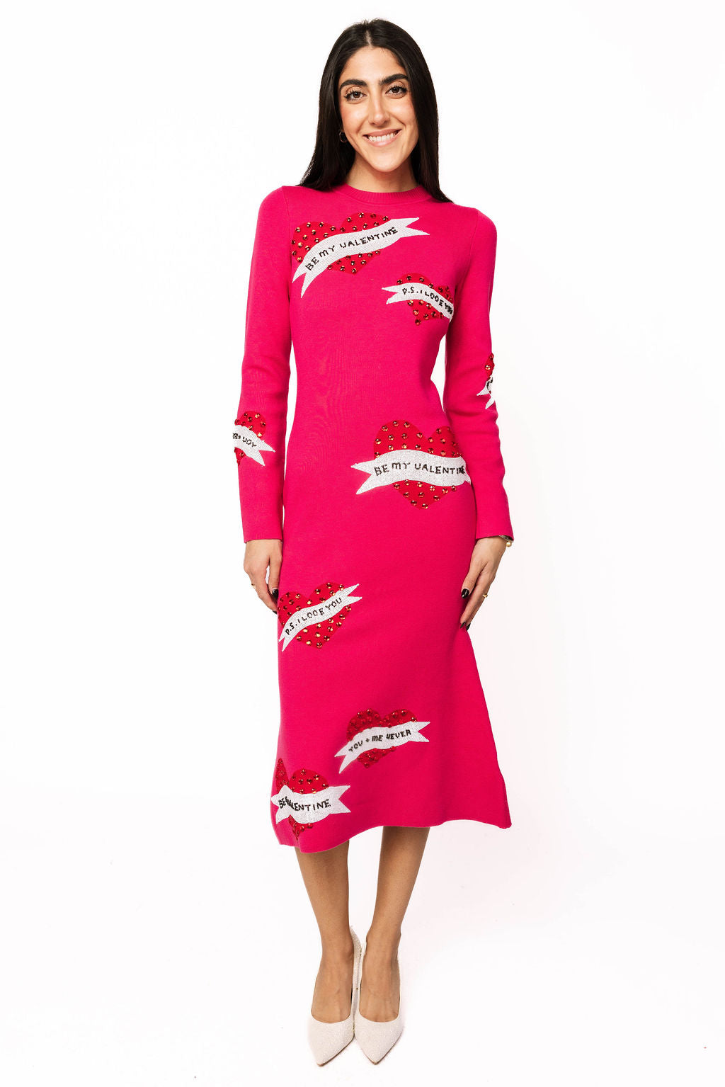 Hot Pink Jeweled Valentines Day Saying On Heart Knit Midi Dress XXXL / PRSP2615 Hot Pink Jeweled Valentines Day Saying On Heart Knit Midi Dress XXXL / PRSP2615