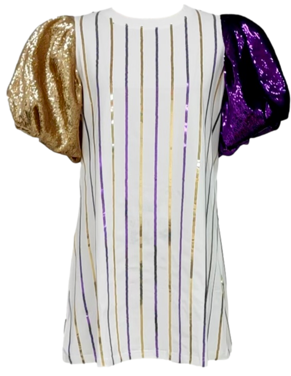 Purple & Gold Stripe Poof Sequin Sleeve Dress Queen of Sparkles