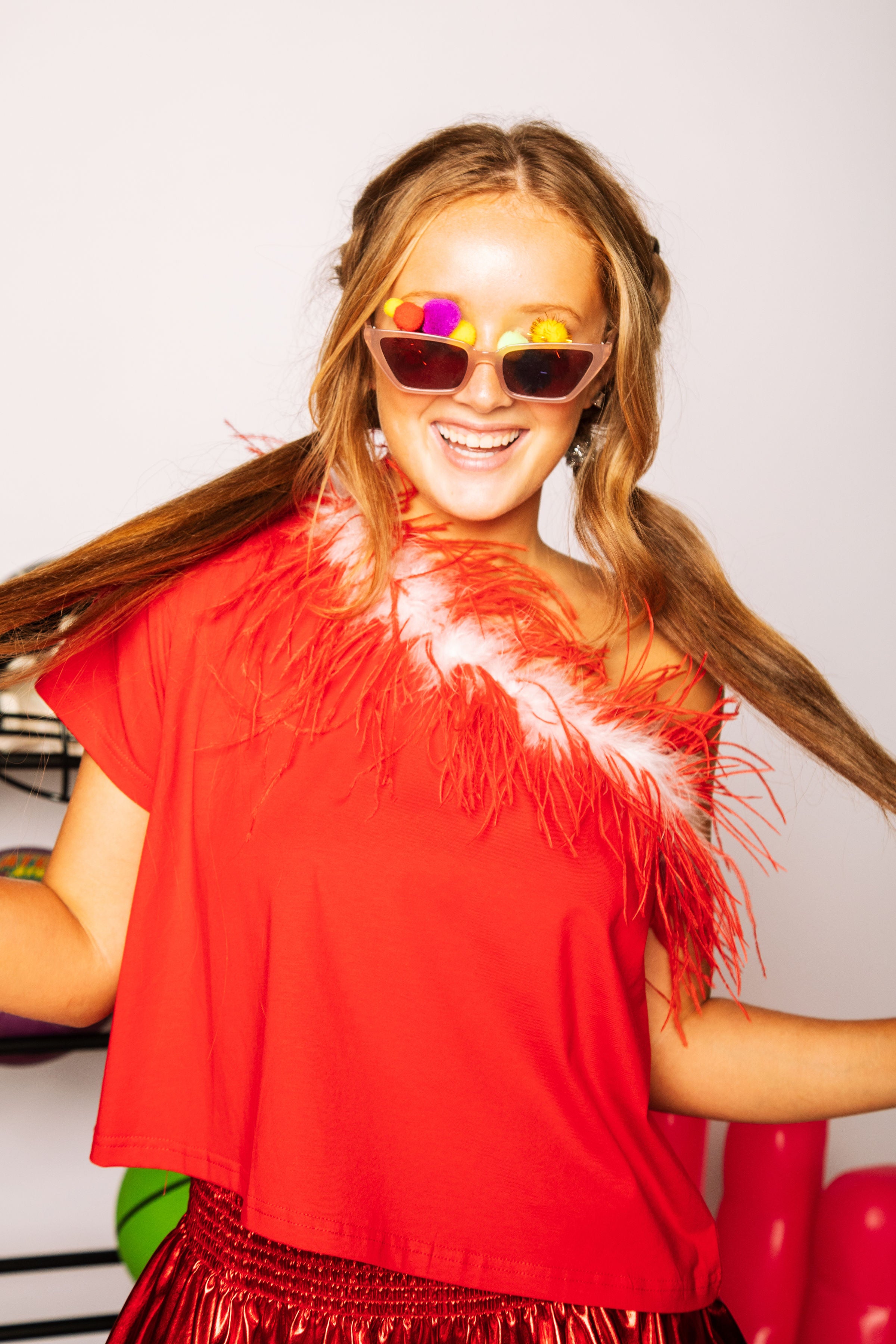 Red & White One Shoulder Feather Tee