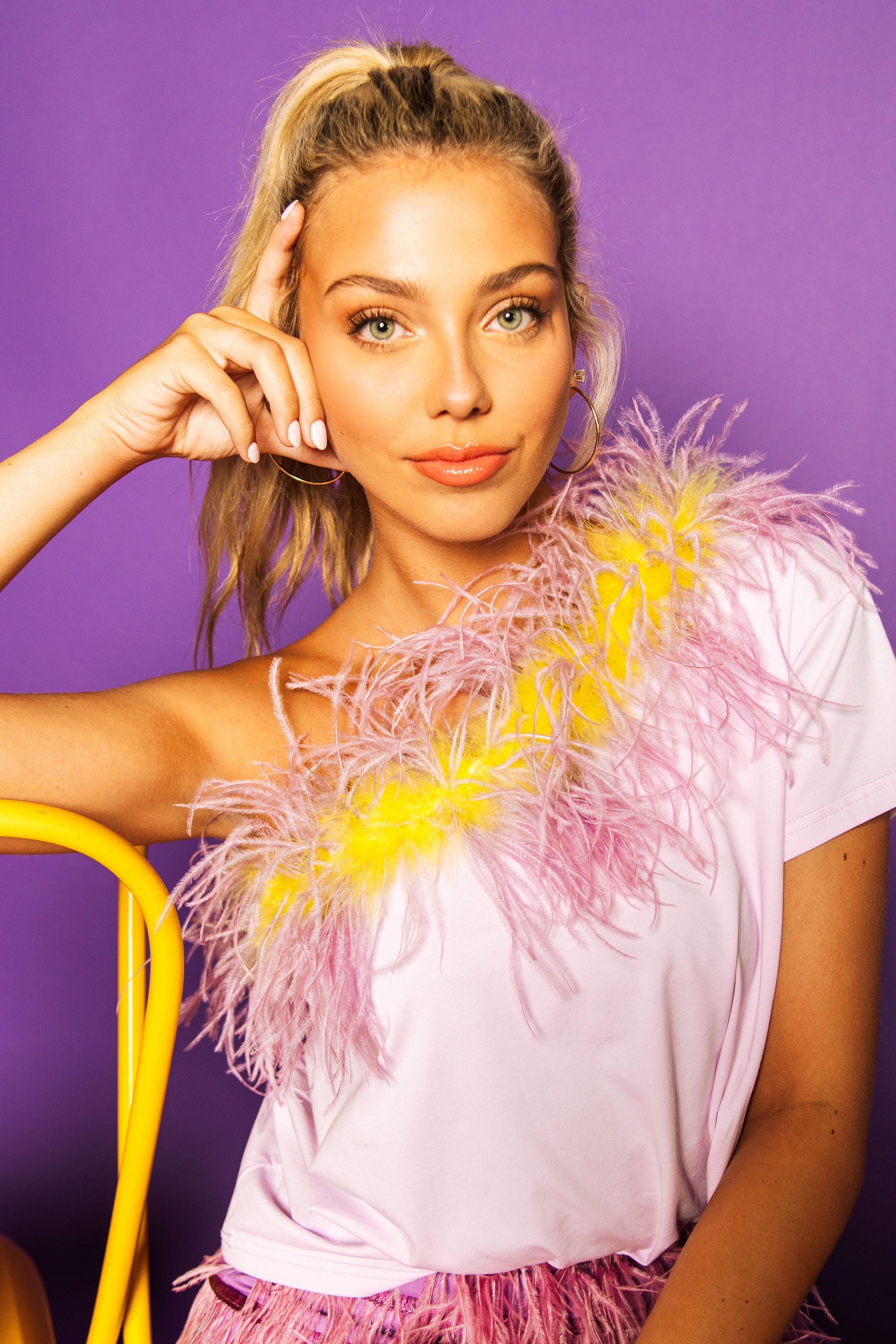Lavender & Yellow One Shoulder Feather Tee