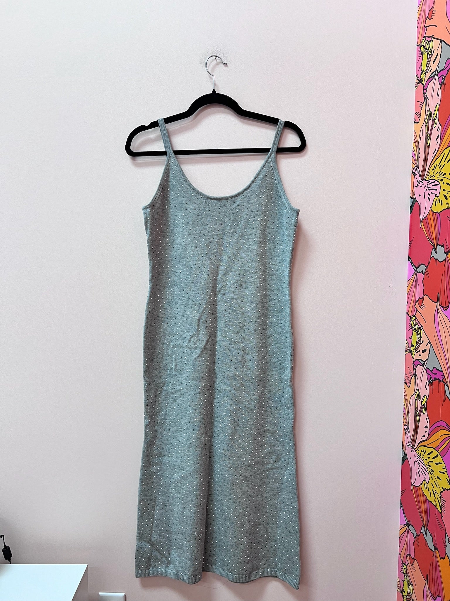 SAMPLE- GREY SCATTERERED RHINESTONE KNIT MAXI DRESS