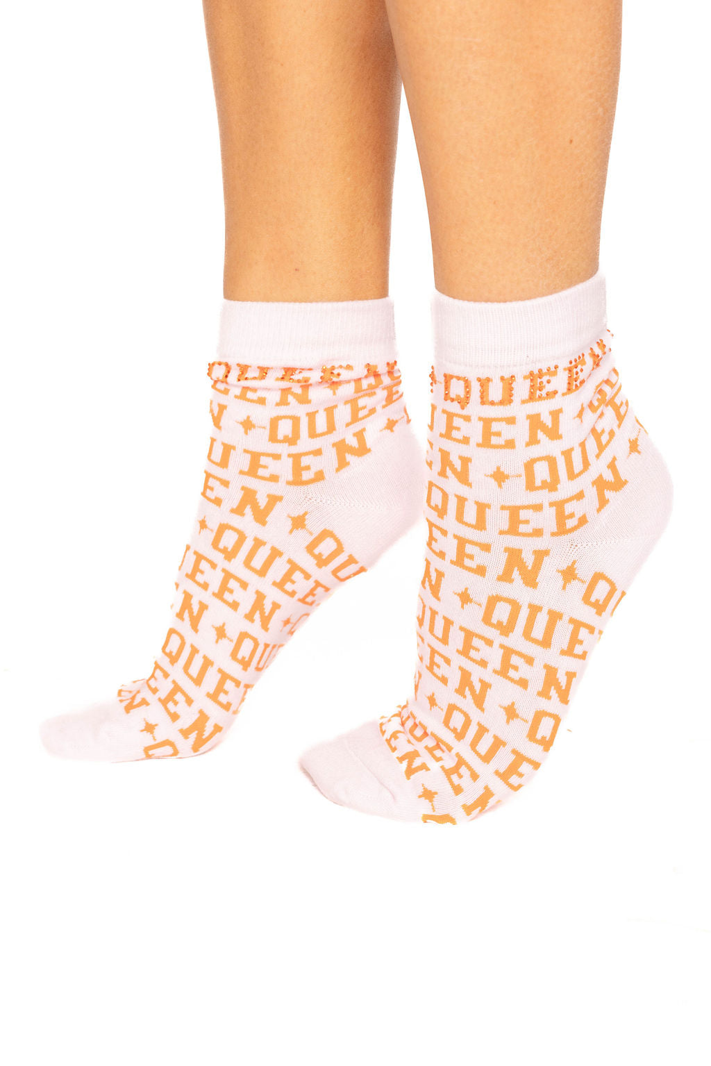 Light Pink & Orange Rhinestone Queen Socks