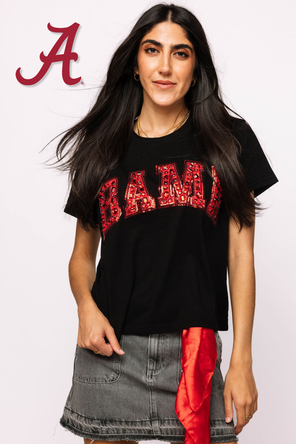 Licensed Alabama 'Bama' Black with Multi Jewel Letter Tee