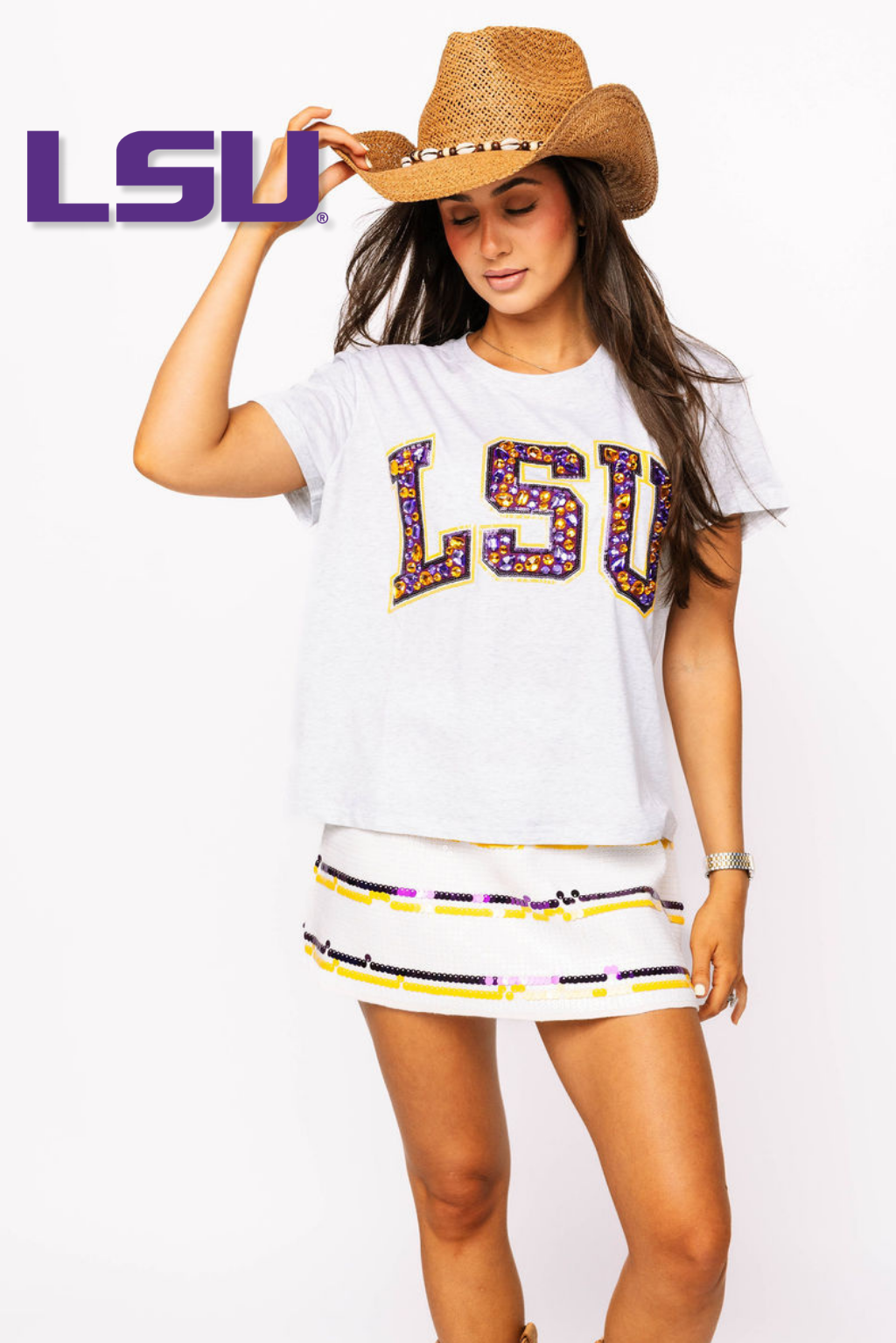 Licensed 'LSU' Grey with Multi Jewel Letter Tee