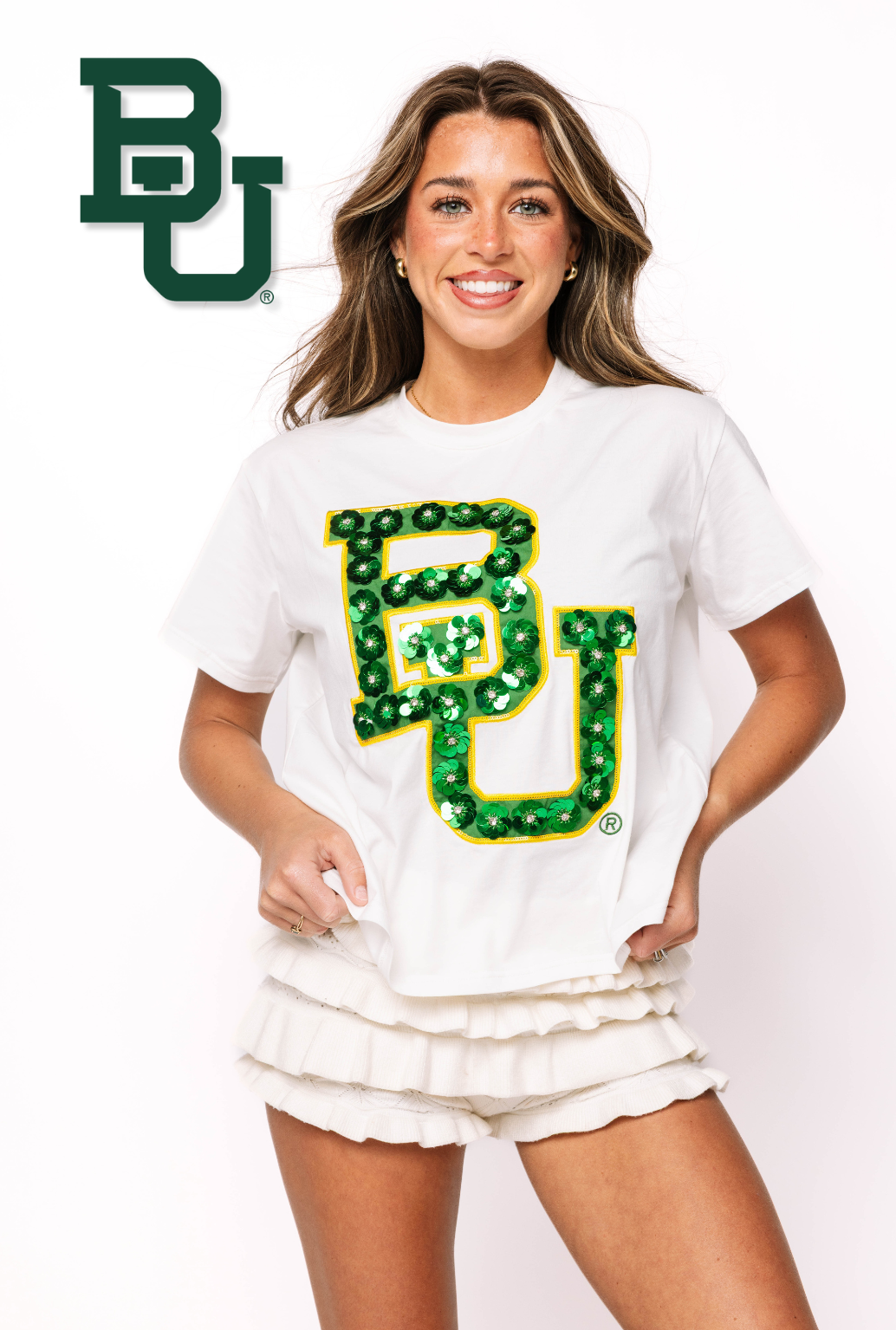Licensed Baylor Mascot Sequin Flower Tee