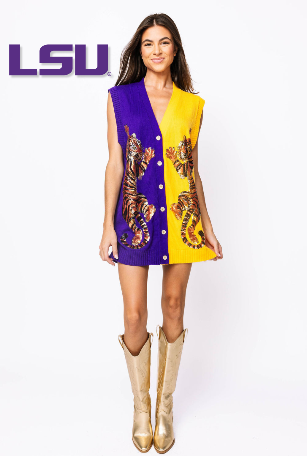 Licensed Sample - Purple & Yellow Tiger Cardigan Sweater Tank Dress