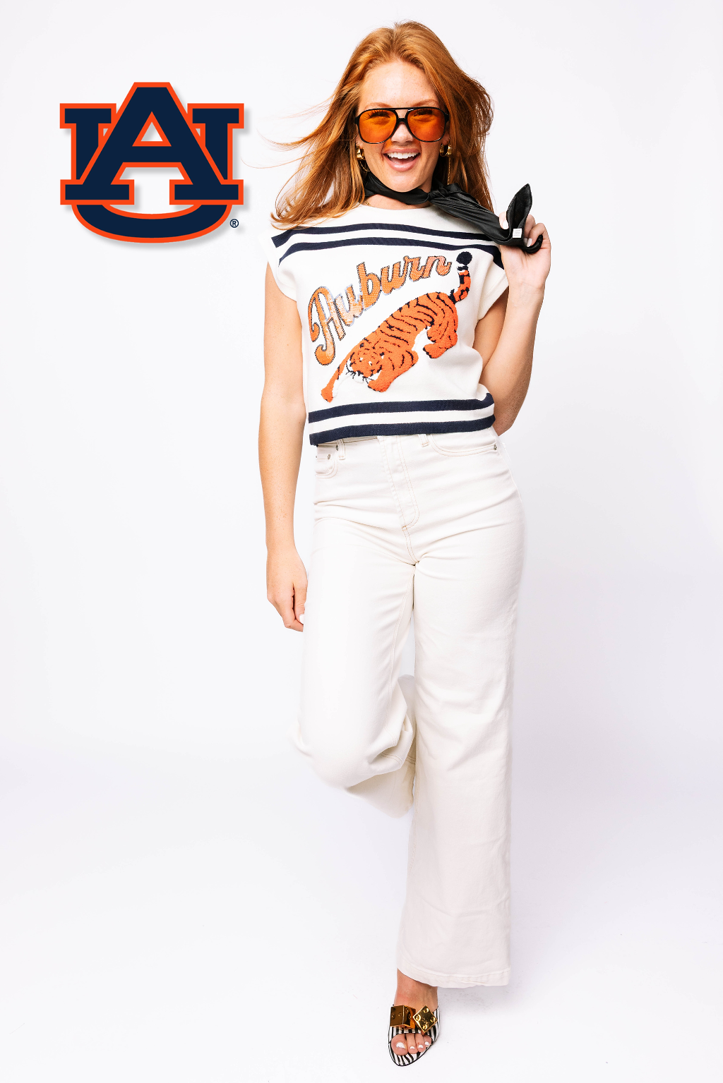 Licensed- White, Navy & Orange 'Auburn' Tiger Stripe Top