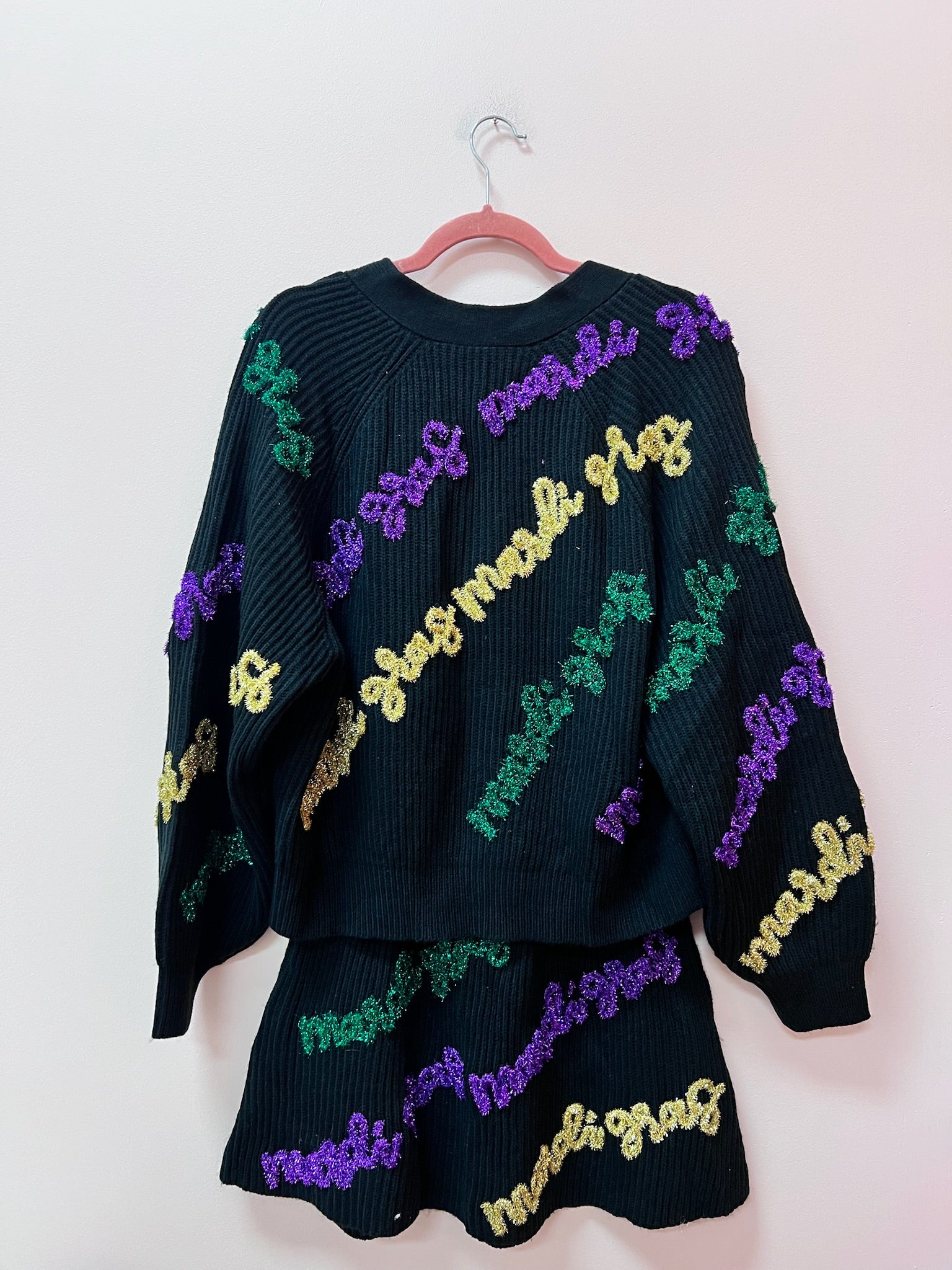 SAMPLE- BLACK MARDI GRAS WORDS CARDIGAN/SKIRT SET